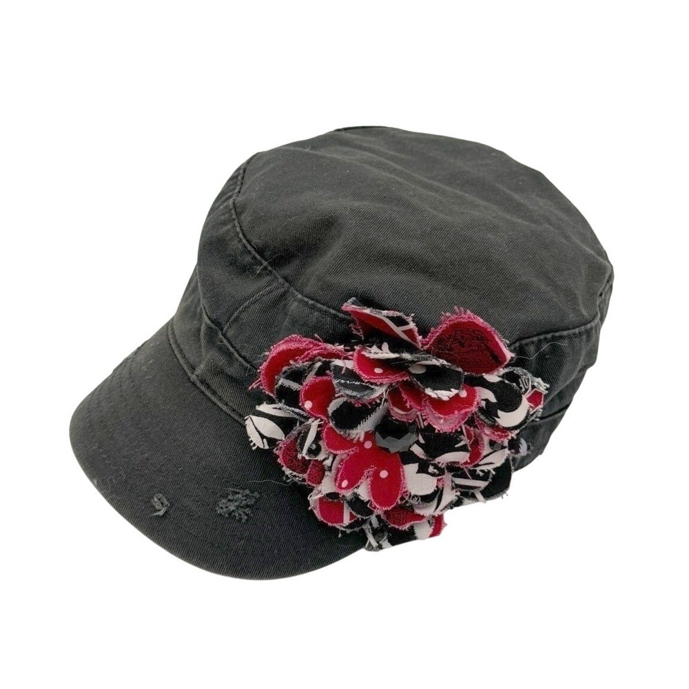 Y2K Womens Black and Red Flower Distressed Adjustable Grunge Indie Cadet Cap Hat